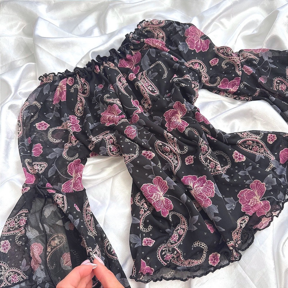 Floral Paisley Mesh Off The Shoulder Top Pink Purple Bell Sleeve Sheer Blouse